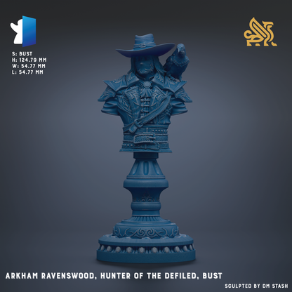 A bust of a character named "Hunter of the Defiled", created by the artist "S. Rust". The character is wearing a hat and has a bird perched on their shoulder. The bust is made of a material that appears to be blue or purple in color.