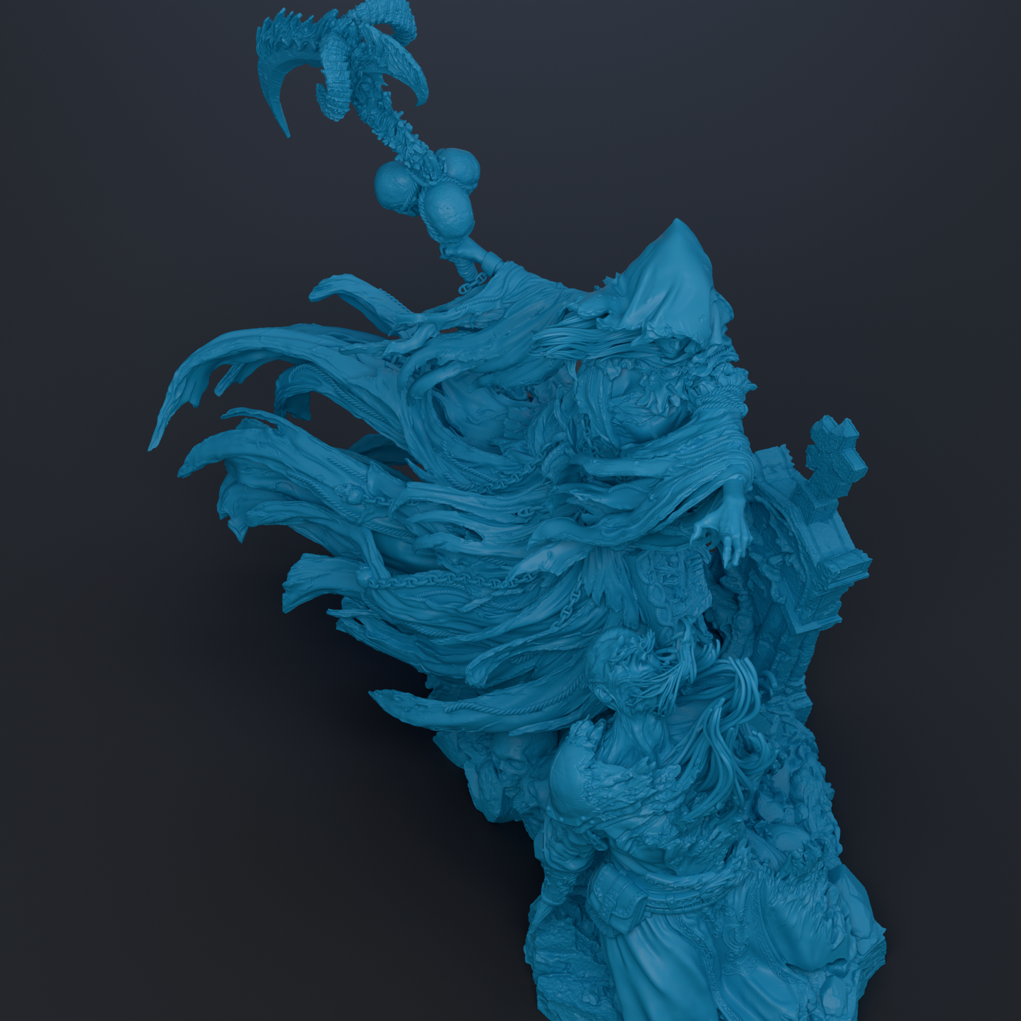 A blue, abstract sculpture with flowing, organic shapes and textures, resembling a wave or a plant-like structure.