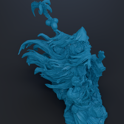 A blue, abstract sculpture with flowing, organic shapes and textures, resembling a wave or a plant-like structure.