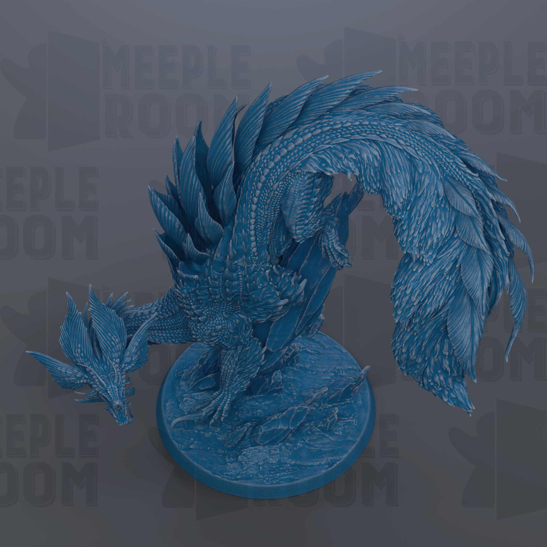 A detailed 3D rendering of a blue dragon-like creature with intricate scales and a flowing tail, sitting on a blue base.