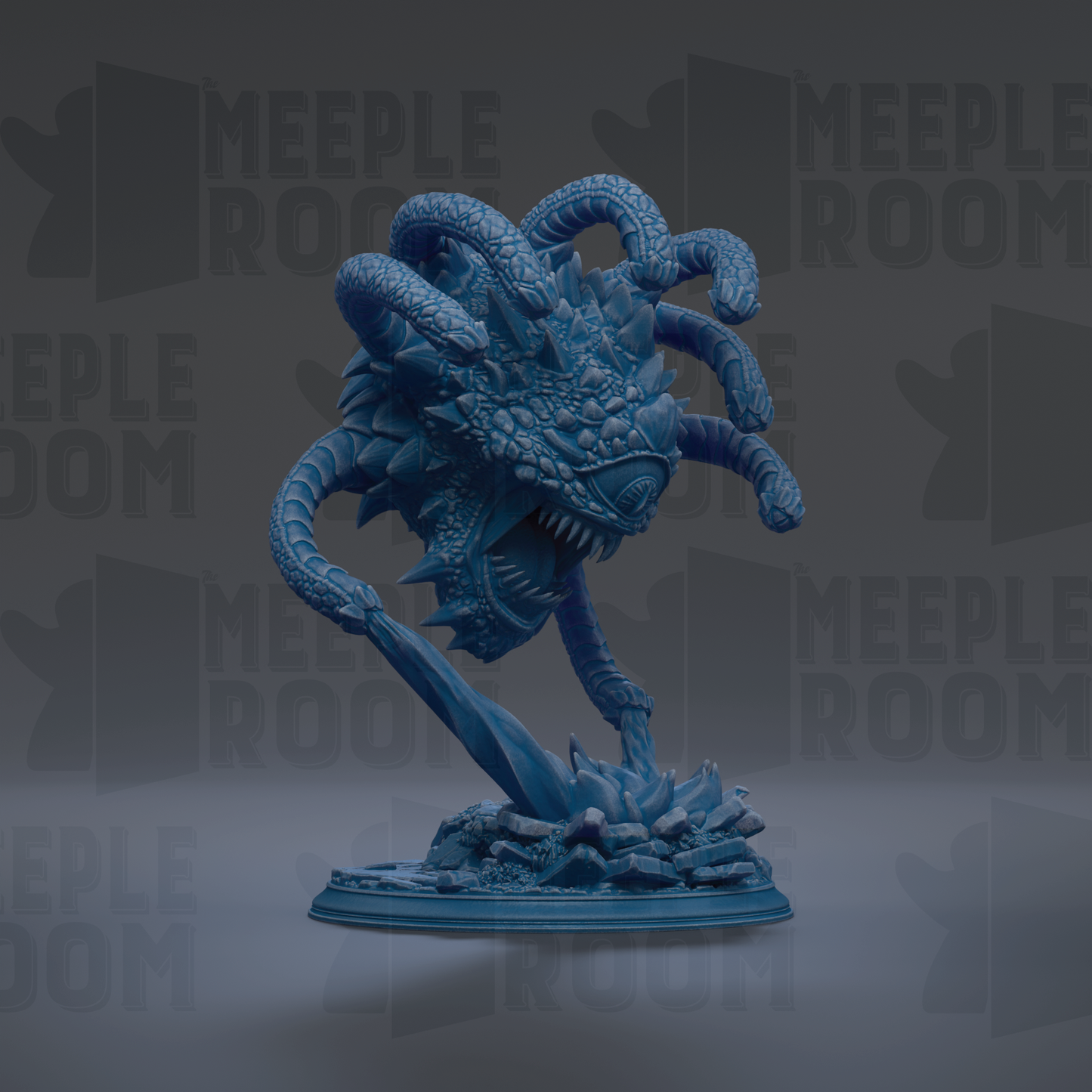 A blue, 3D-rendered monster figurine with a large head and multiple arms, standing on a base and appearing to be in motion.
