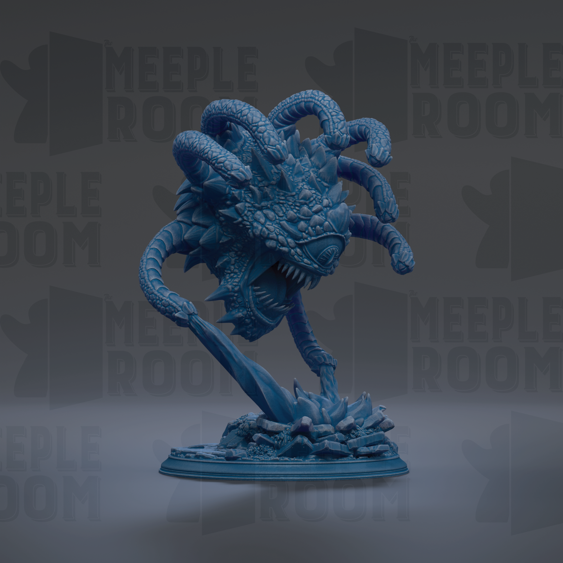 A blue, 3D-rendered monster figurine with a large head and multiple arms, standing on a base and appearing to be in motion.