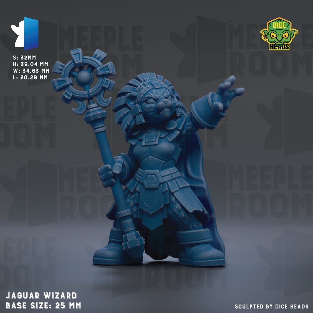 A blue figurine of a wizard character, specifically a Jaguar Wizard, is shown in the image.