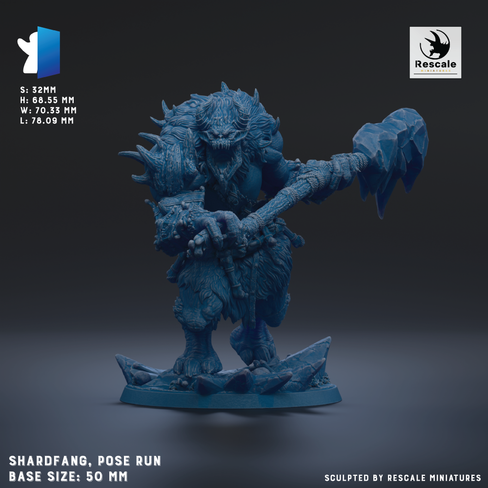 a large, detailed figurine of a creature with sharp teeth and claws, standing on a base and holding a weapon. The figurine is in a pose that suggests it is ready to attack or defend. The base size of the figurine is 50 millimeters.