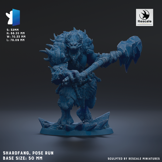 a large, detailed figurine of a creature with sharp teeth and claws, standing on a base and holding a weapon. The figurine is in a pose that suggests it is ready to attack or defend. The base size of the figurine is 50 millimeters.