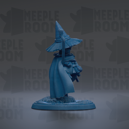 A blue figurine of a wizard or magical figure, wearing a pointed hat, stands on a base against a dark background with repeated text.