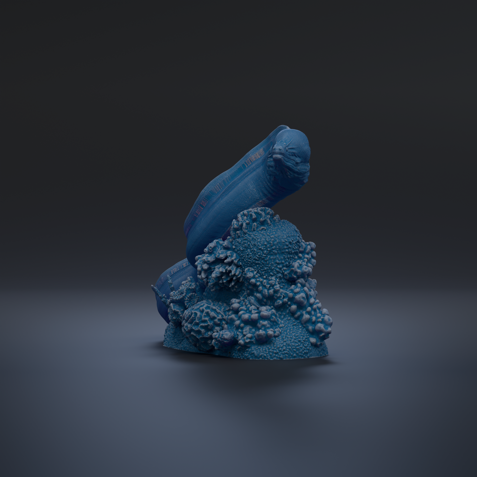 A blue, abstract sculpture resembling a fish or sea creature is shown against a dark background.