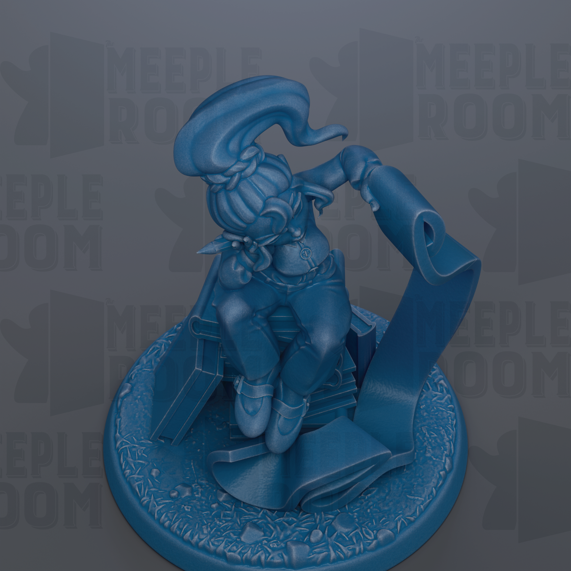 A blue figurine of a person sitting on a pedestal, holding a scroll.