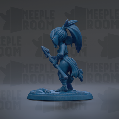 A blue figurine of a person holding a weapon, standing on a platform against a dark background with repeated text.
