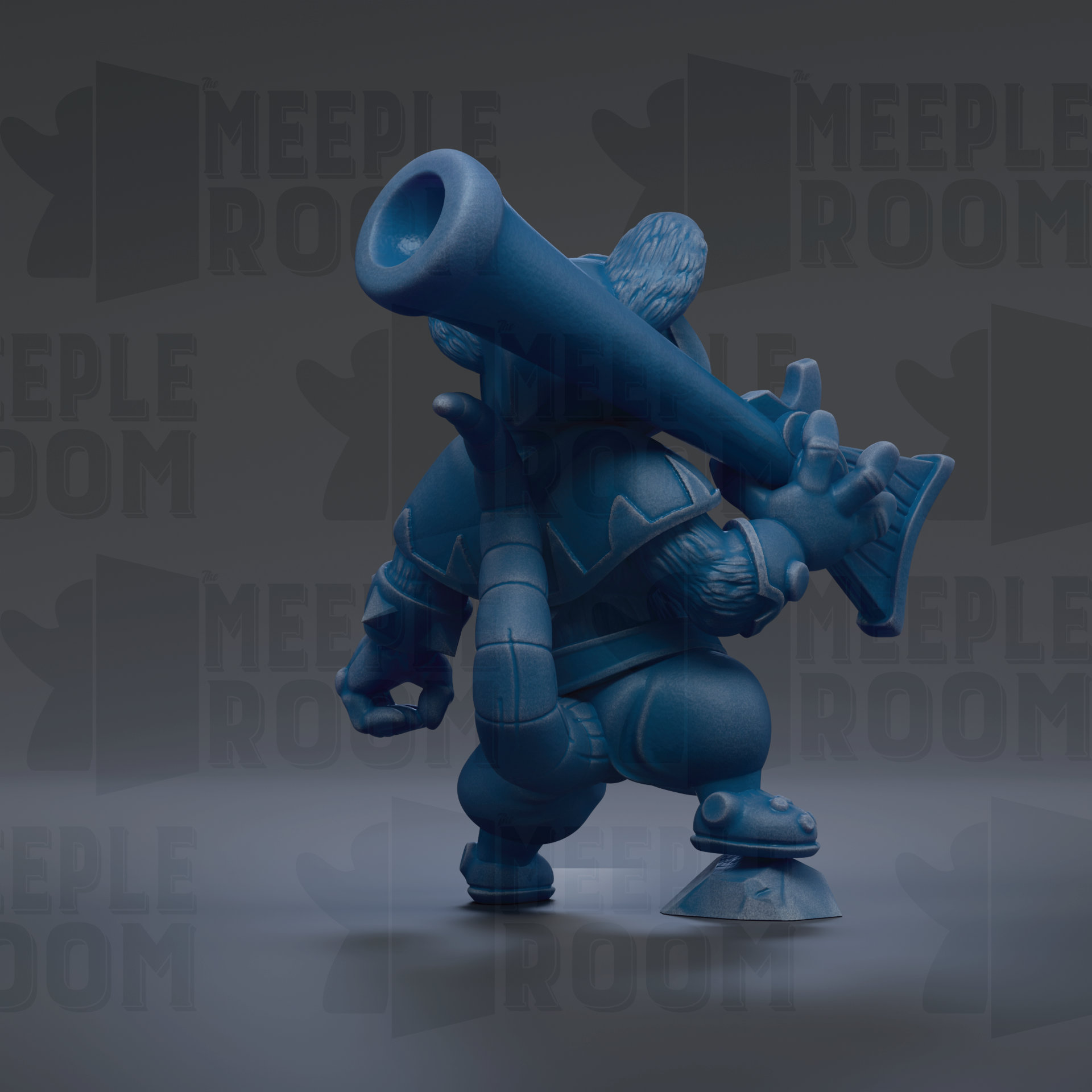 A blue 3D model of a character with a large gun-like weapon, standing on a platform.