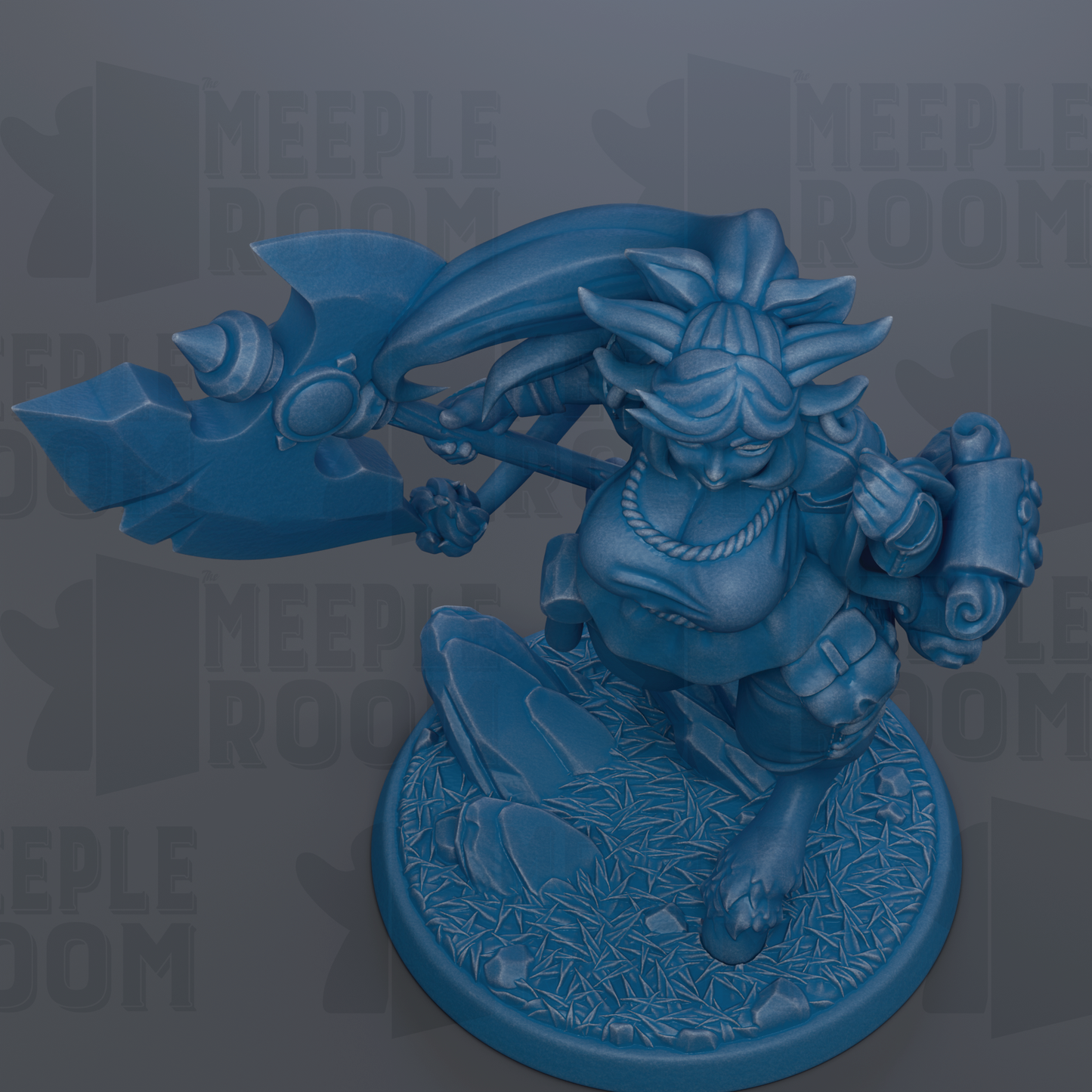 A blue figurine of a fantastical creature, possibly a dragon or mythical being, is depicted in the image.