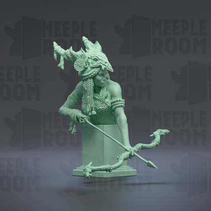A green statue of a warrior figure holding a bow and arrow, with a detailed headdress and ornate clothing.
