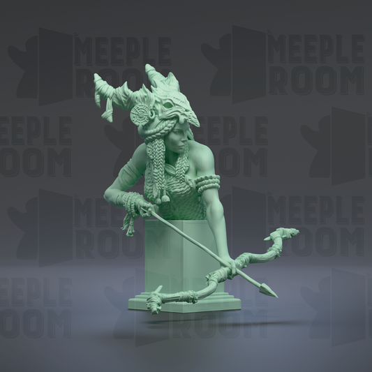 A green statue of a warrior figure holding a bow and arrow, with a detailed headdress and ornate clothing.