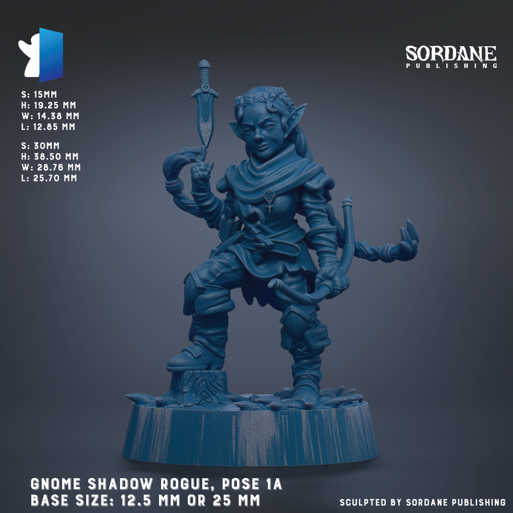 The image is a 3D rendering of a gnome-like character, specifically a Shadow Rogue, posed in a standing position. The character is depicted in a dynamic pose, holding a sword and a shield. The base size of the figure is 12.5 mm or 25 mm, depending on the perspective. The image is a collage of multiple images, and it is published by Sordane Publishing.