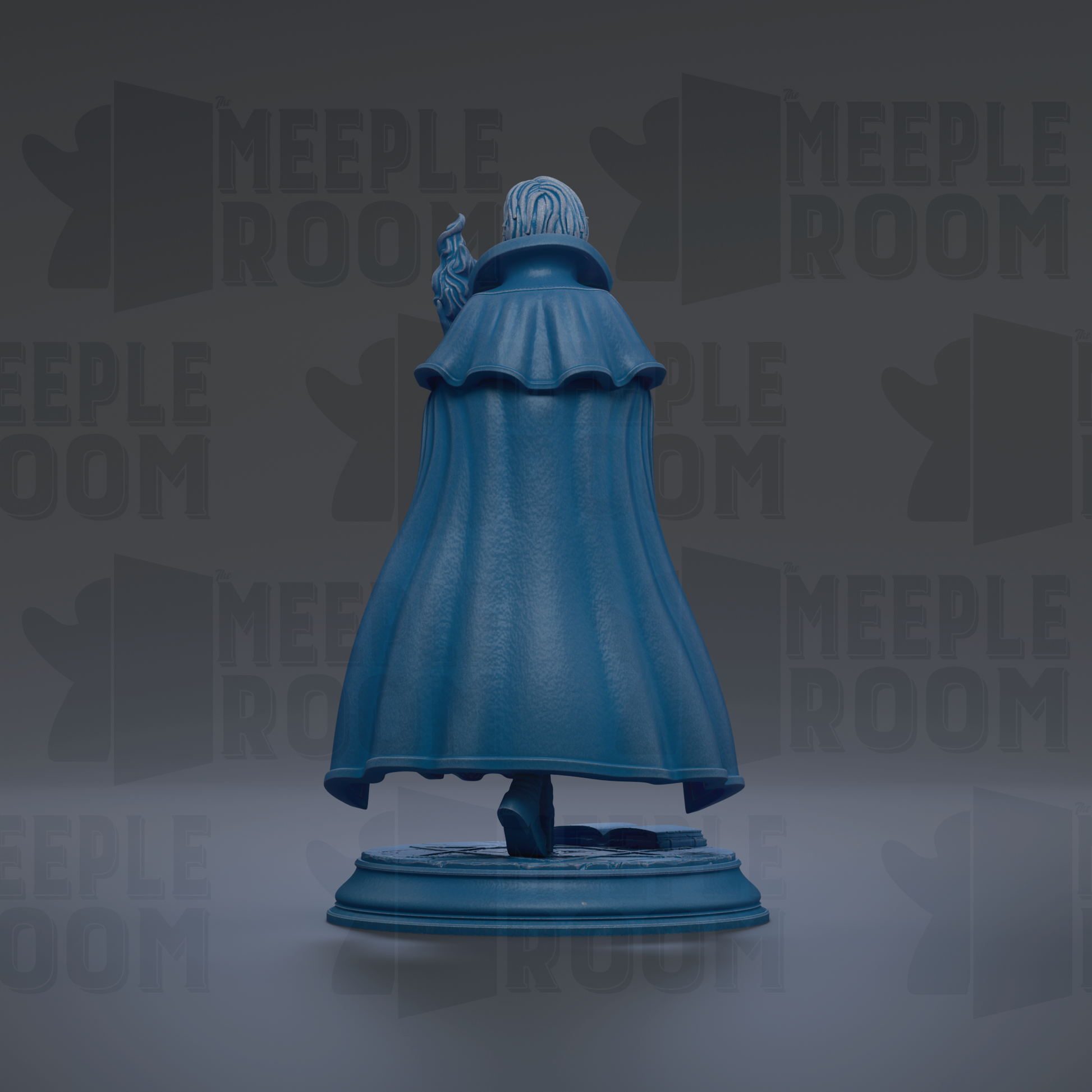 A blue statue of a person wearing a cape, standing on a pedestal against a dark background with repeated text.