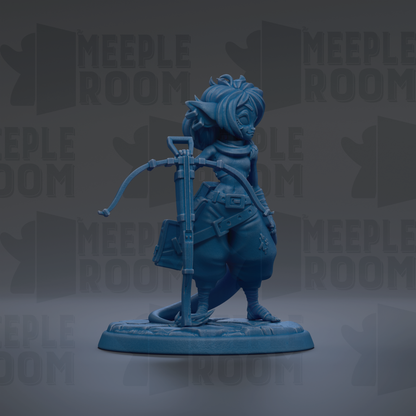 A blue figurine of a character with a bow and arrow, standing on a base.