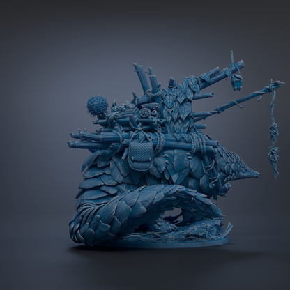 A detailed 3D rendering of a fantastical creature, possibly a mythical or magical being, with intricate textures and patterns. The creature appears to be a combination of a dragon, serpent, or other fantastical forms, with various elements such as spikes, scales, and other organic shapes. The image is dominated by shades of blue, creating a visually striking and imaginative scene.