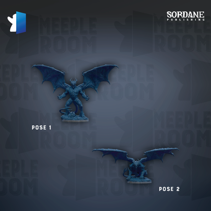 two blue dragon figurines against a dark background with repeated text and logos.