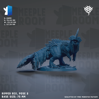 a blue dinosaur figurine, specifically a Ripper Rex, posed on a base size of 75 mm.