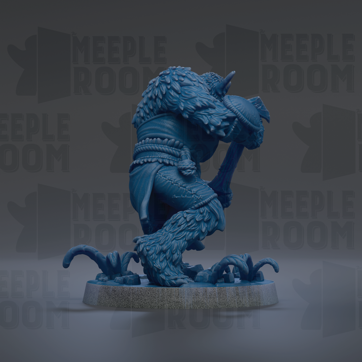 A blue, furry monster figurine is shown in a dynamic pose, with its arms and legs spread out. The background features repeated text that reads "MEEPLE ROOM", suggesting the image may be part of a larger collection or series.