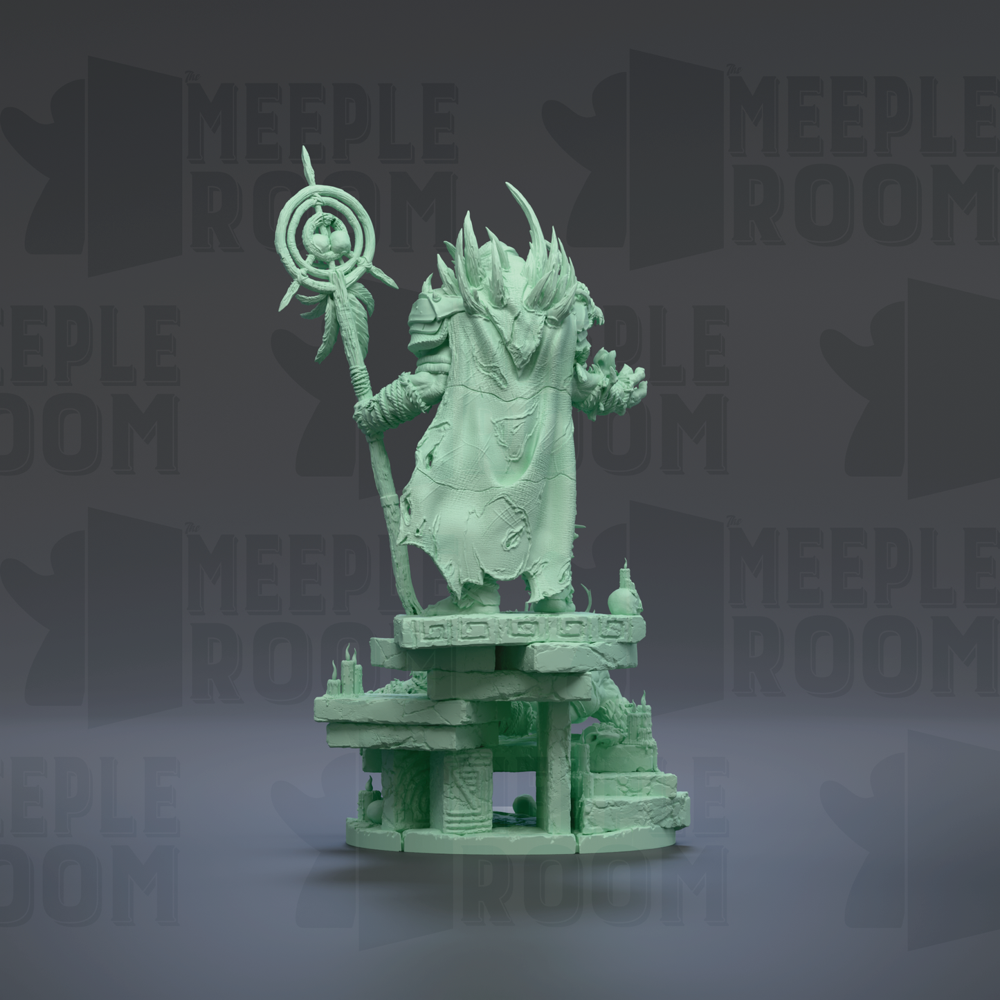 A green, 3D-rendered statue of a figure holding a staff and standing on a platform, with the text "MEIPLLE ROOM" repeated in the background.
