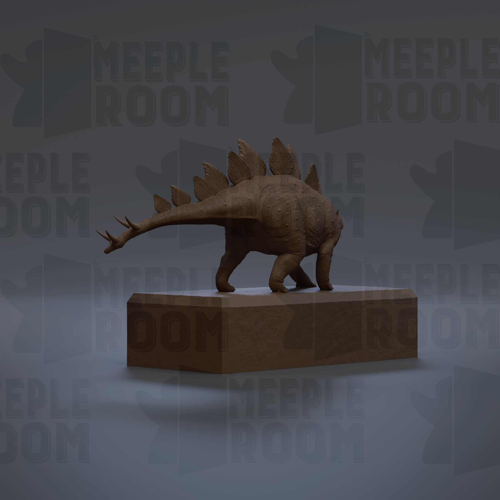 A 3D rendering of a dinosaur statue on a pedestal, with the background featuring repeated text that reads "MEEPLE ROOM".