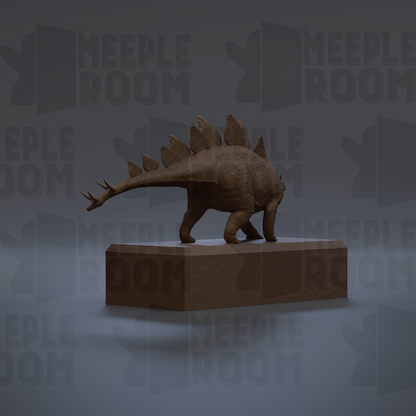 A 3D rendering of a dinosaur statue on a pedestal, with the background featuring repeated text that reads "MEEPLE ROOM".