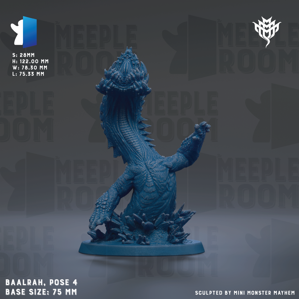 a blue, 3D-rendered monster figurine with a large head and long, scaly body. The figurine is posed in a dynamic, standing position with its arms raised. The background is a dark gray color, and there is text and logos related to the game or the artist's name, "MEEPLE ROOM", which is also displayed in the image. The base size of the figurine is 7.75 mm.