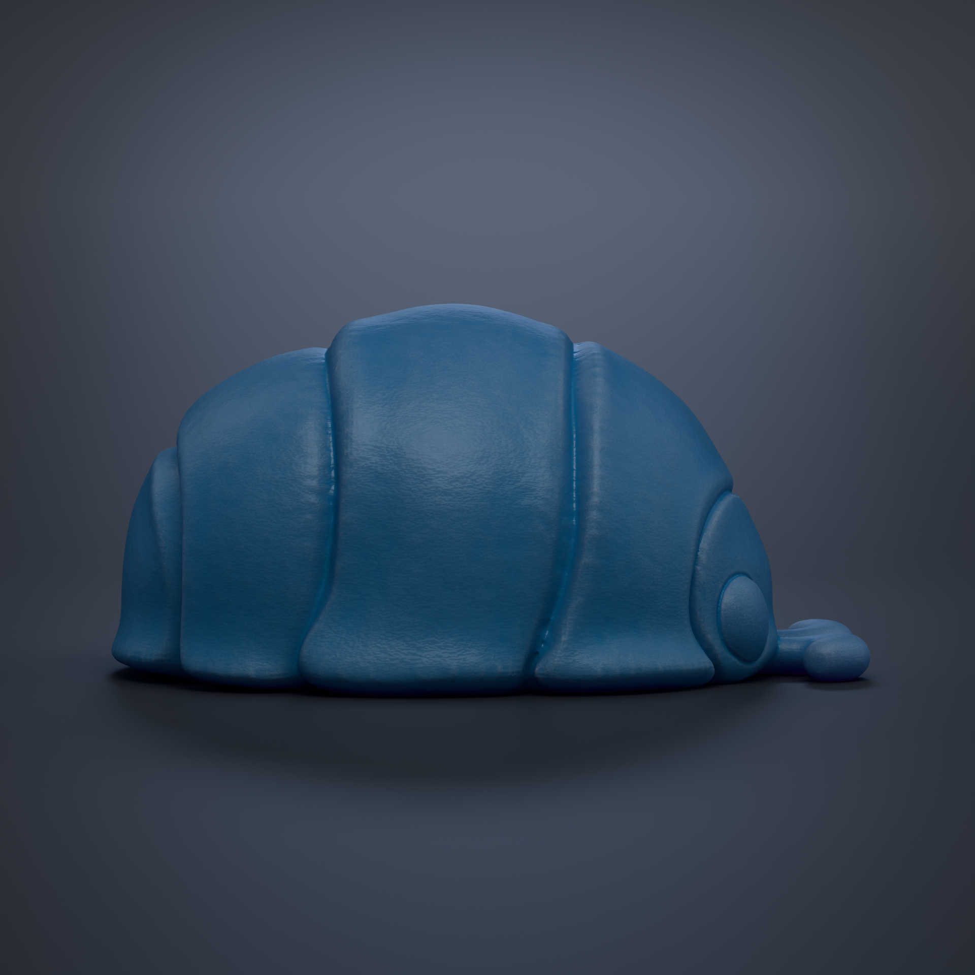 A blue, three-dimensional object resembling a small insect or crustacean, with a curved body and a pointed head, is shown against a dark background.