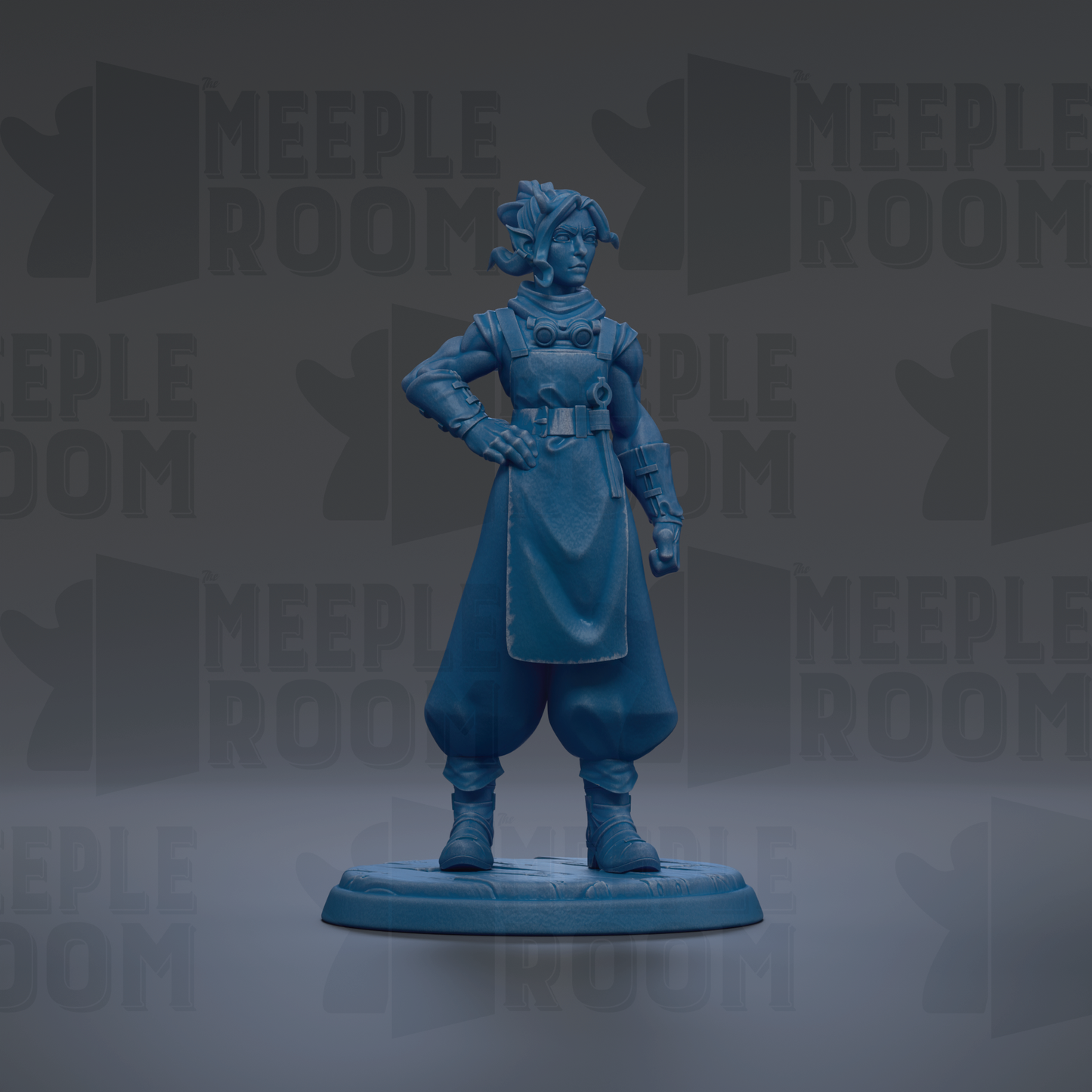 A figurine of a person standing in a dark blue color against a dark background with repeated text.