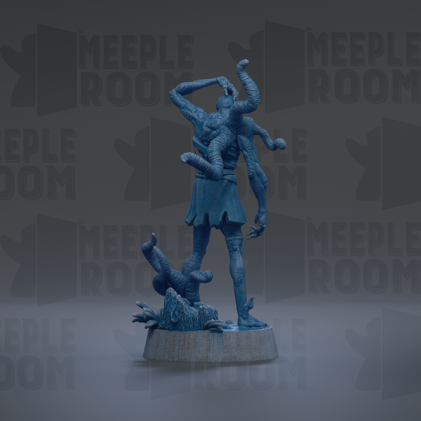 A blue, three-dimensional statue of a fantastical creature with multiple arms and legs, standing on a pedestal.