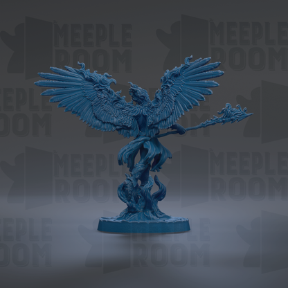 A blue, winged figurine with a staff stands against a dark background with repeated text.