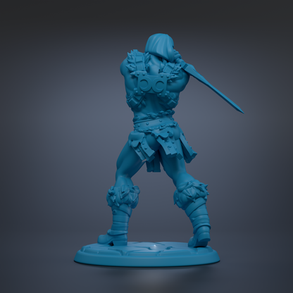 A blue 3D model of a warrior figure holding a sword, standing on a base.