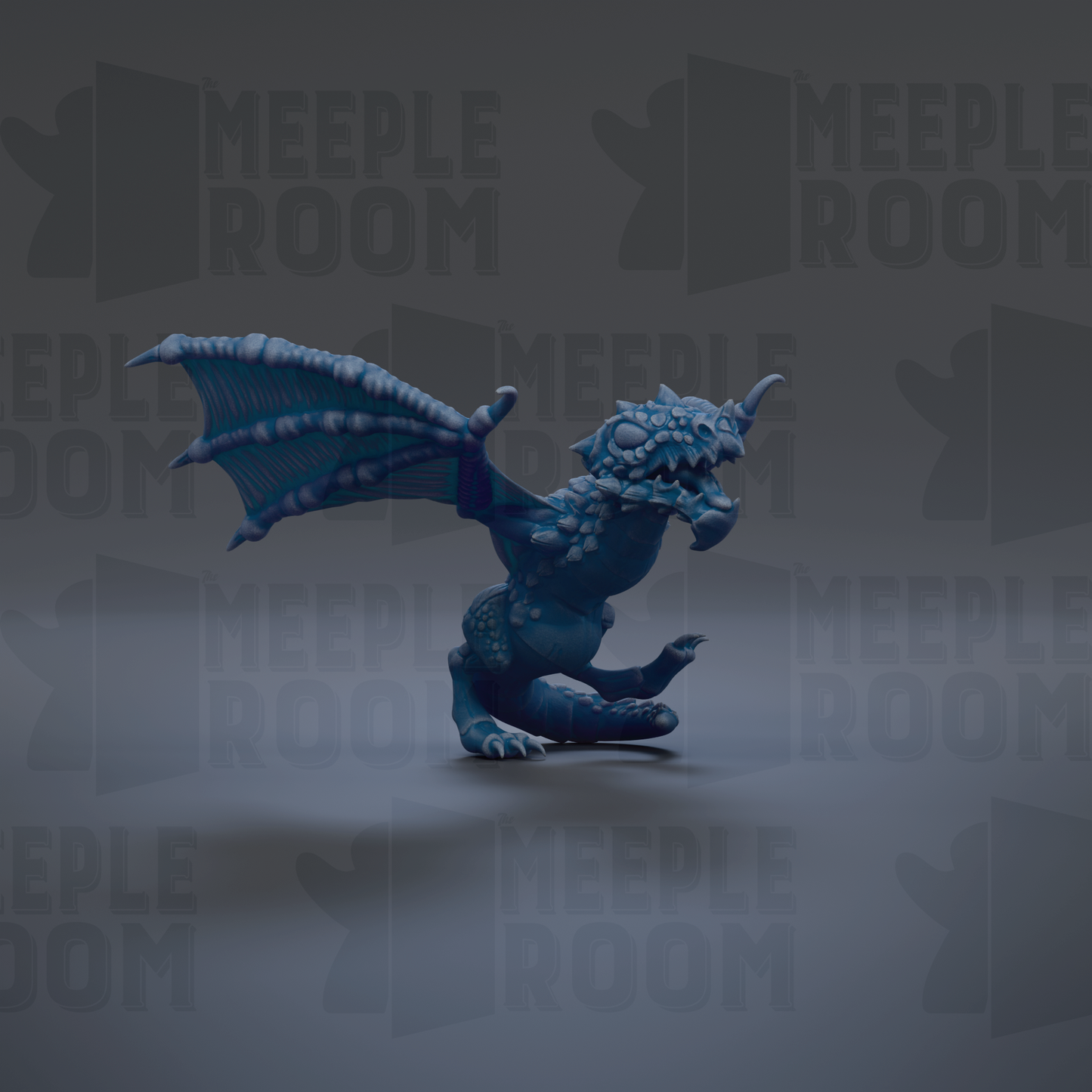 A blue dragon figurine with wings spread, standing on a gray background with the text "MEUPLE ROOM" repeated multiple times.