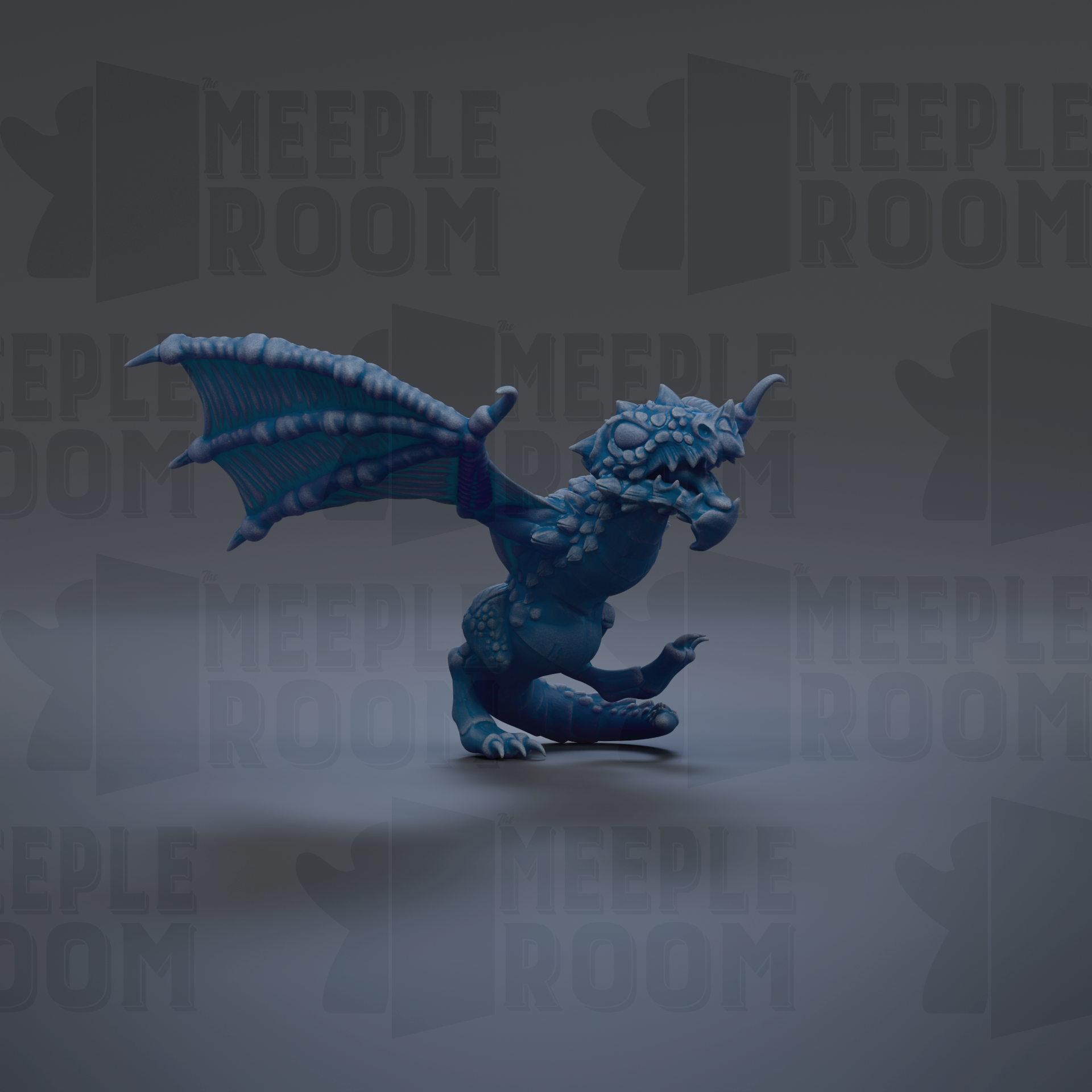 A blue dragon figurine with wings spread, standing on a gray background with the text "MEUPLE ROOM" repeated multiple times.