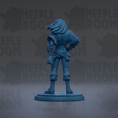 A blue figurine of a person standing on a base, with the text "MEUPLE ROOM" repeated in the background.