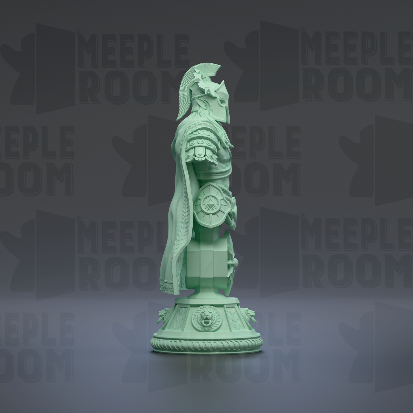 A green statue of a warrior standing on a pedestal against a dark background with repeated text.