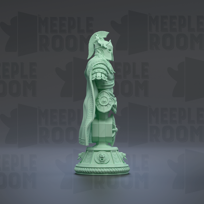 A green statue of a warrior standing on a pedestal against a dark background with repeated text.