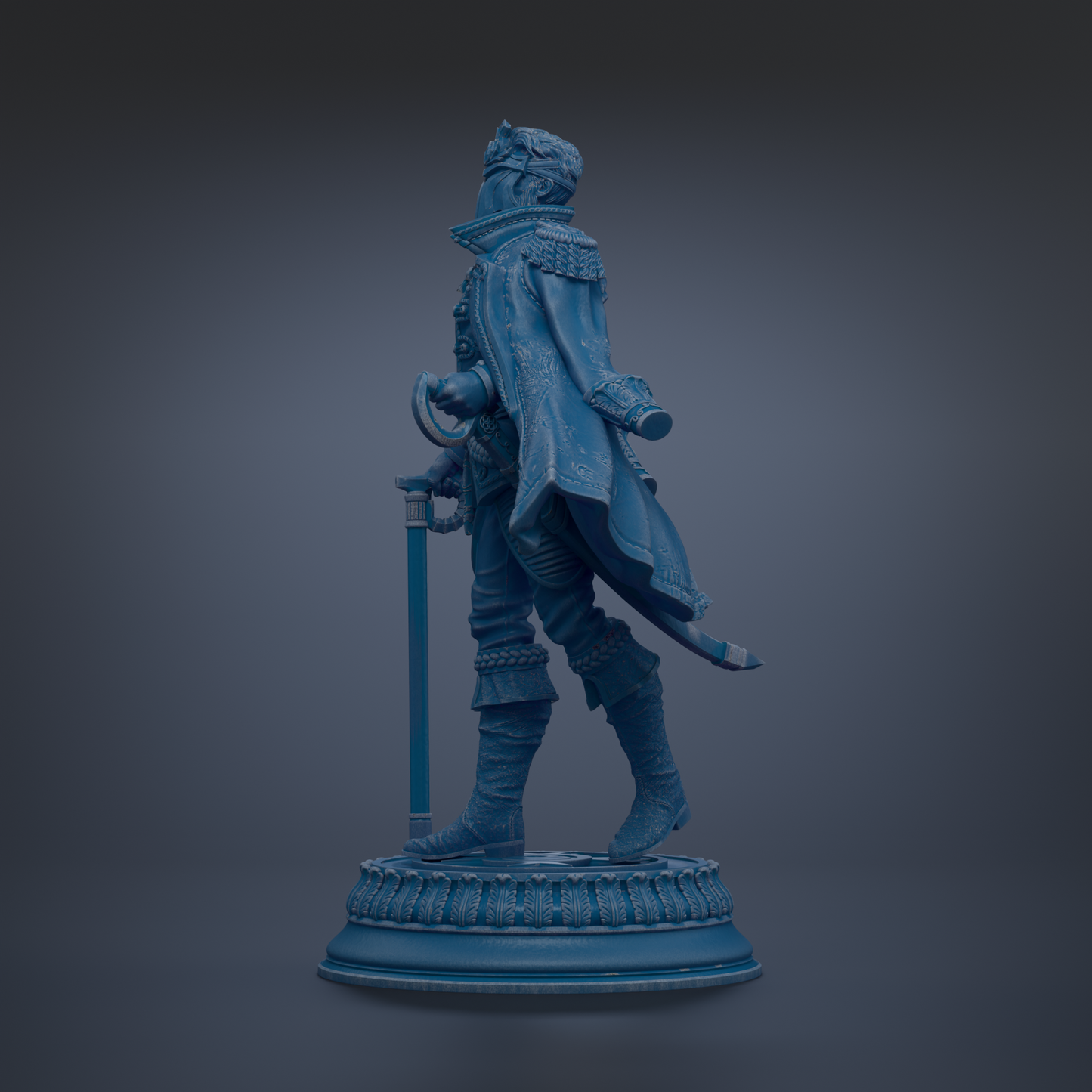 A blue statue of a person standing on a pedestal.