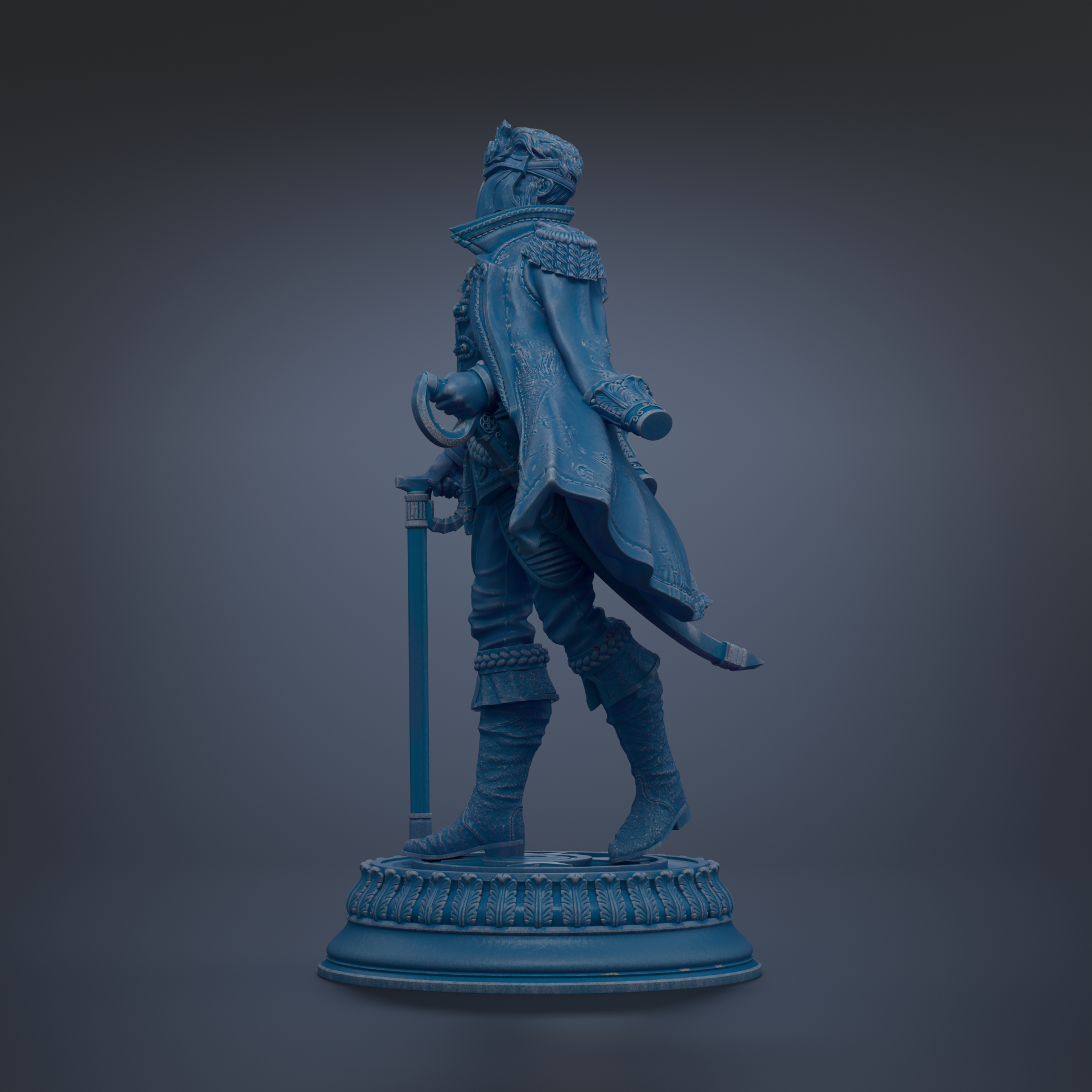A blue statue of a person standing on a pedestal.