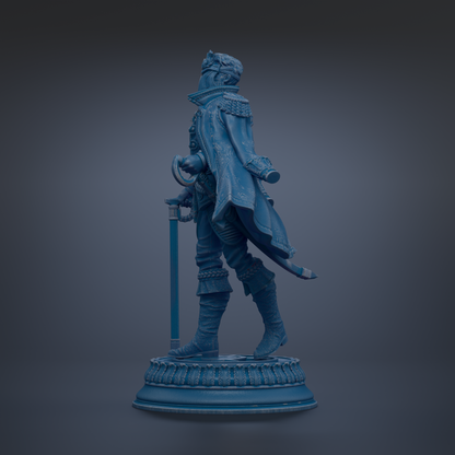 A blue statue of a person standing on a pedestal.