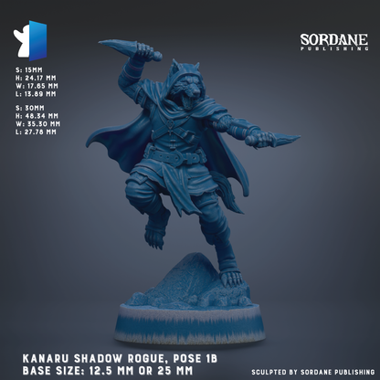 The image is a detailed model of a character from the video game Kanaru Shadow Rogue, posed in a dynamic fighting stance. The character is wearing a blue outfit and is holding a sword in one hand and a shield in the other. The base size of the figure is 12.5 mm or 25 mm, depending on the perspective. The image is published by Sordane Publishing.