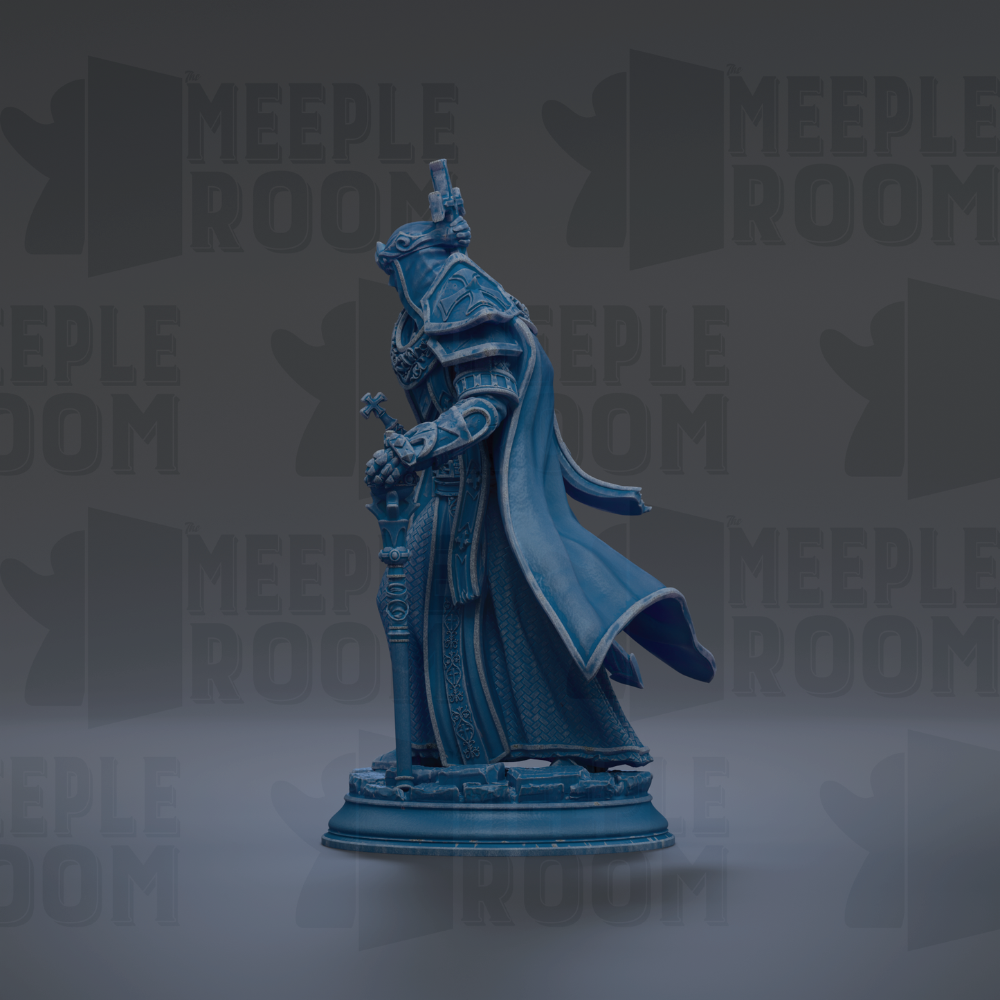 A blue statue of a figure holding a sword and shield, standing on a pedestal against a dark background with repeated text.