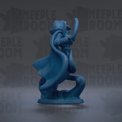 A blue figurine of a person with a cape and a sword, standing on a gray surface against a dark background with repeated text.
