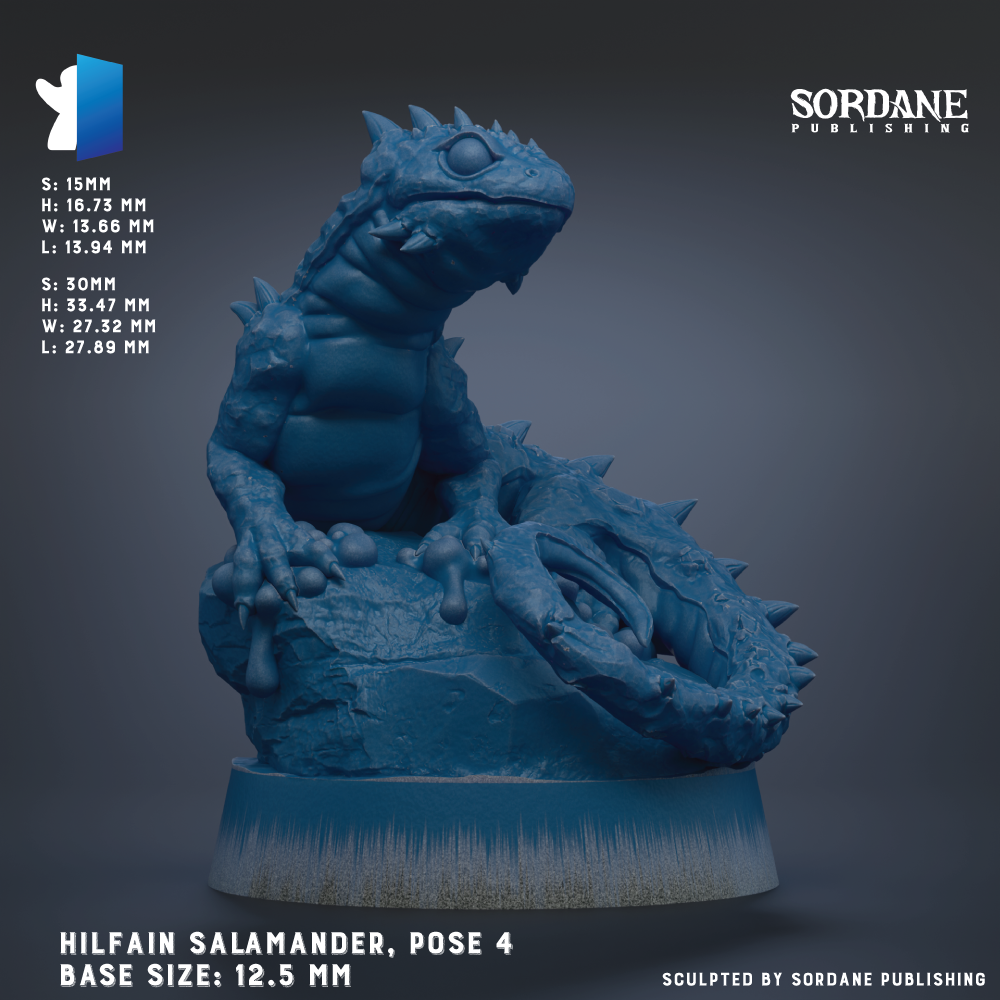 The image is a 3D rendering of a blue salamander-like creature, possibly a salamander or lizard, posed on a rock or base. The creature has a long neck and sharp teeth, giving it a fierce appearance. The image is labeled with the name "Hilfain Salamander, Pose 4" and the base sizes are 12.5 mm. The image is published by Sordane Publishing.