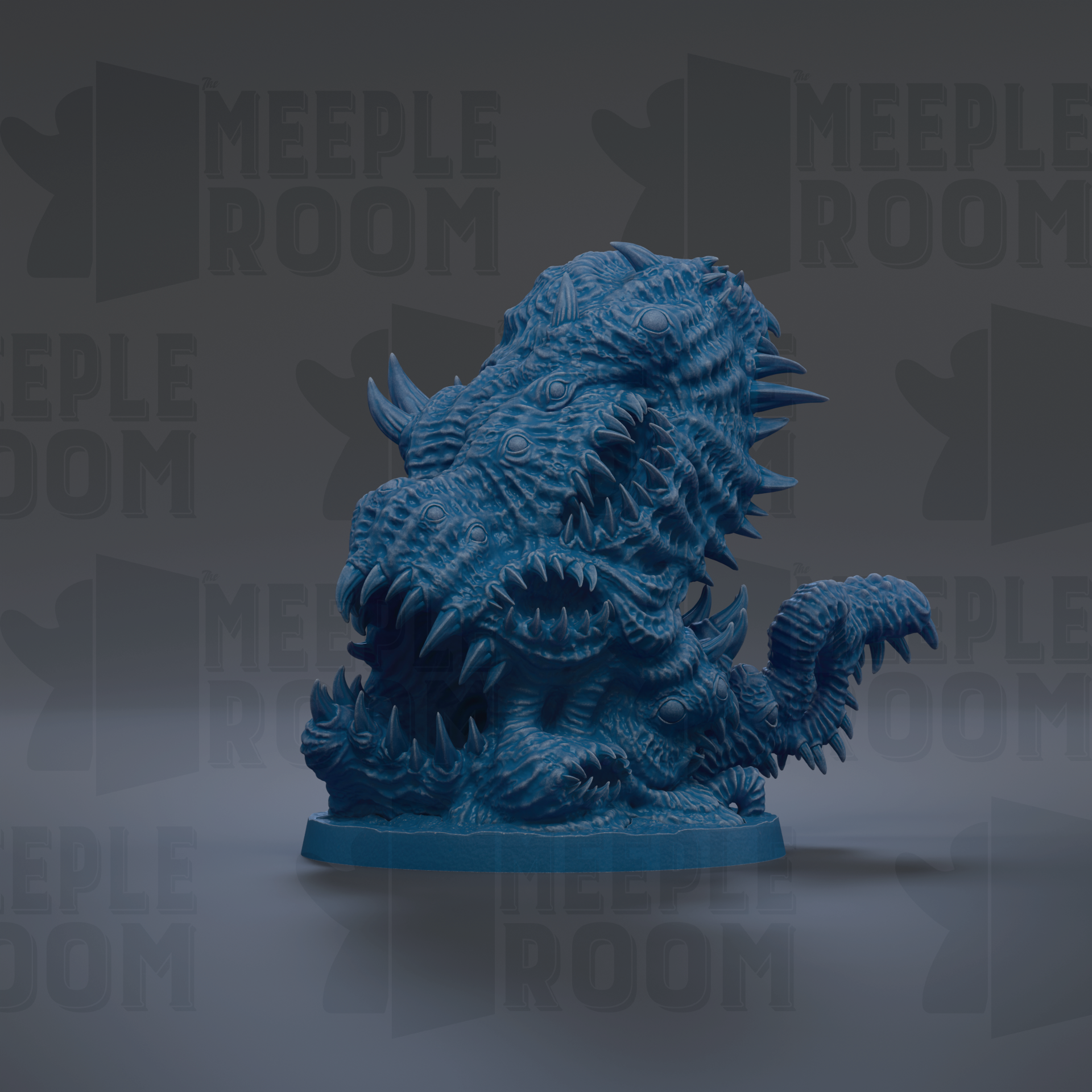 A 3D rendering of a blue, monster-like creature with sharp teeth and claws, set against a dark background with repeated text.