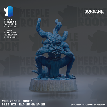 The image is a 3D rendering of a blue, monster-like figure with horns and a large head, posed on a base. The figure is described as a zombie, and it is shown in a crouching position. The base size of the figure is either 12.5 mm or 25 mm. The image is a sculpture, and it is published by Sordane Publishing.