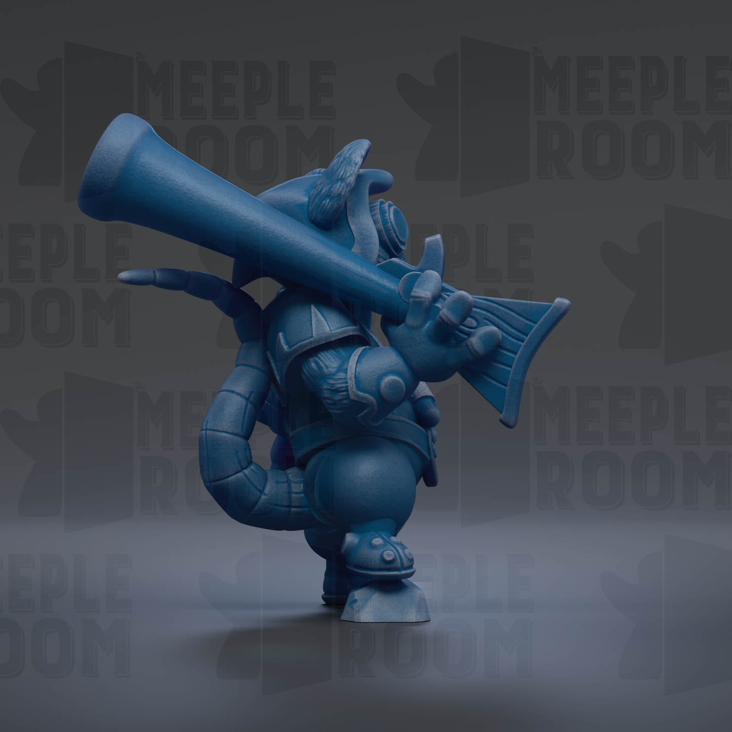 A blue, cartoonish-looking creature holding a large object, possibly a musical instrument, against a dark background with repeated text.