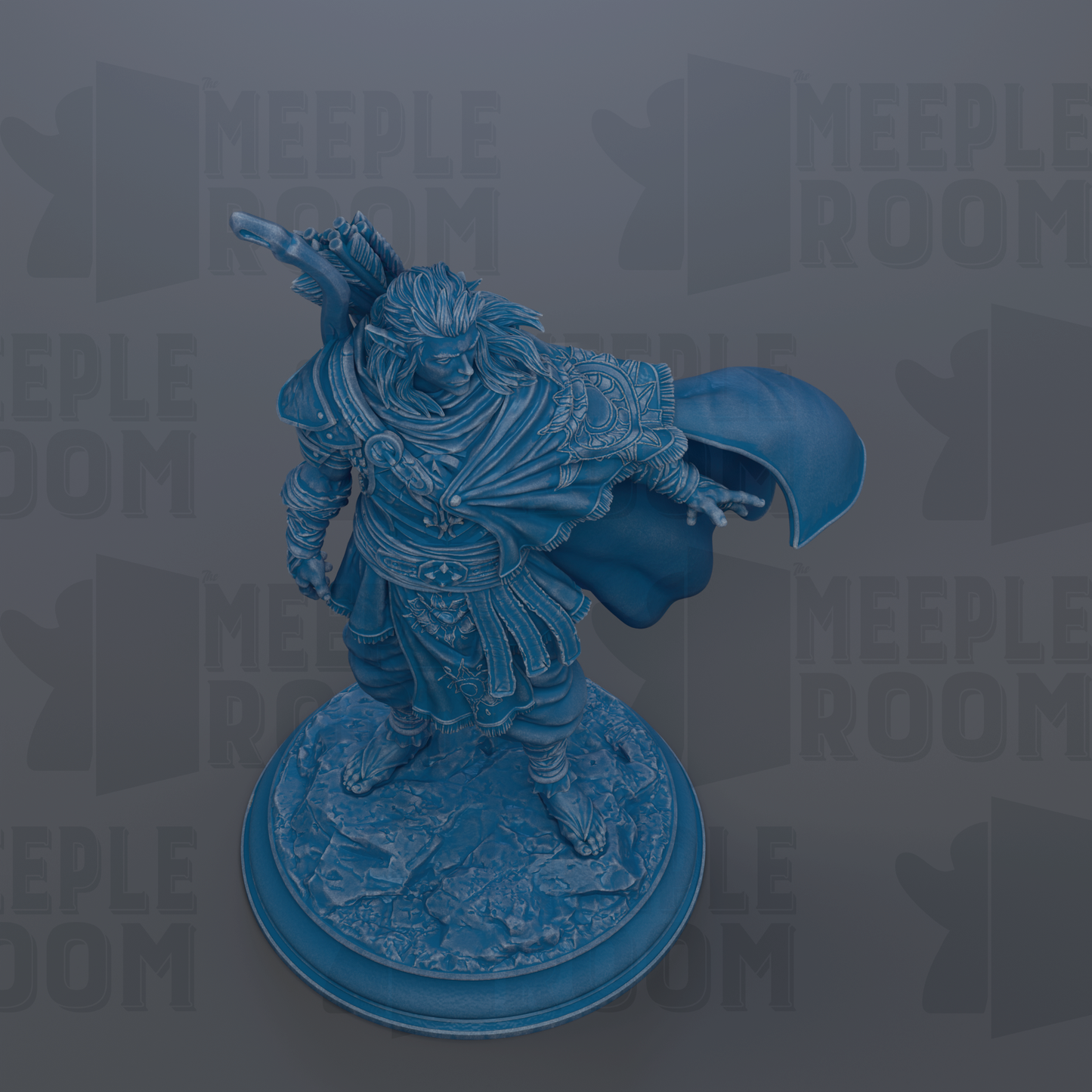 A blue statue of a warrior figure standing on a pedestal against a dark background.