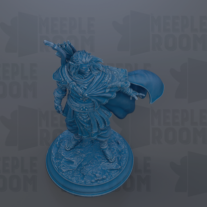 A blue statue of a warrior figure standing on a pedestal against a dark background.